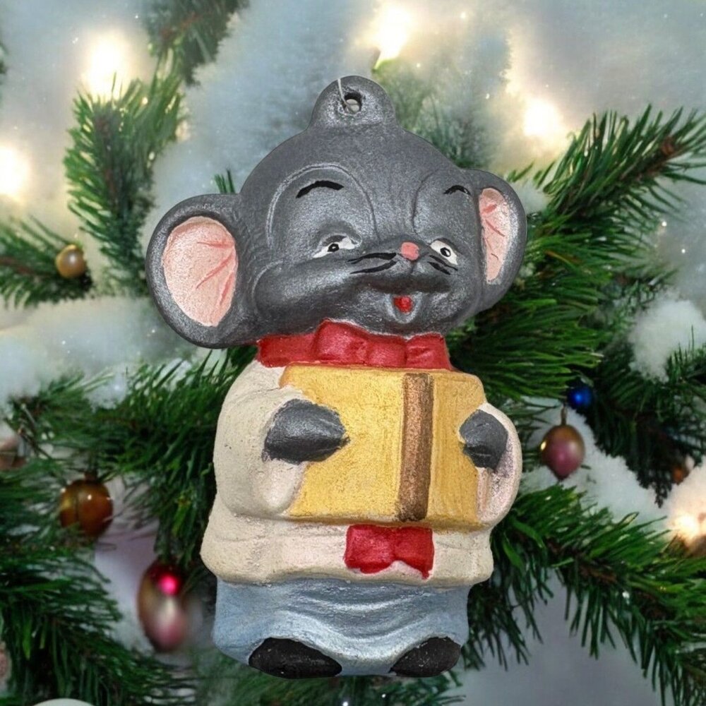 Vintage Mouse Singing Carols Christmas Tree Ornament Hand-Painted Sling Shot